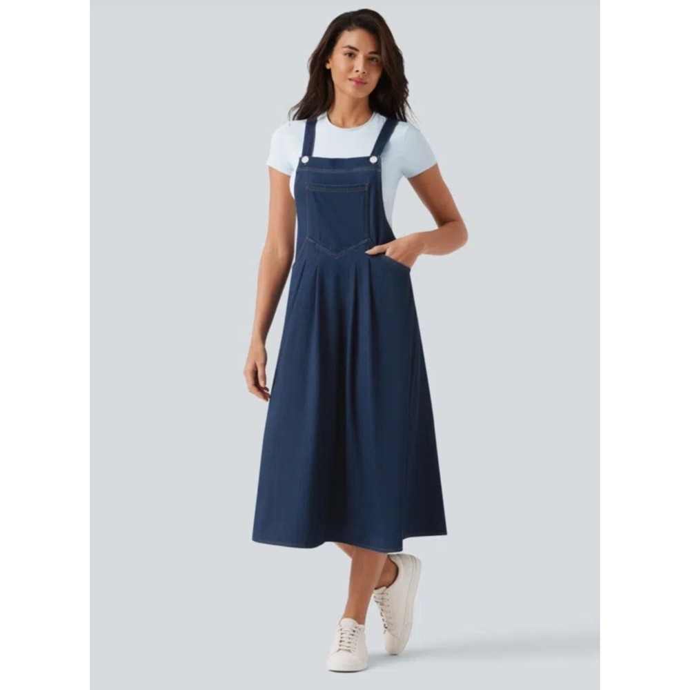 Halara Flex Square Neck Denim Midi Casual Dress with Pockets Small
